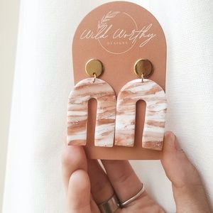 Handmade clay dangle earrings - marble/rose gold